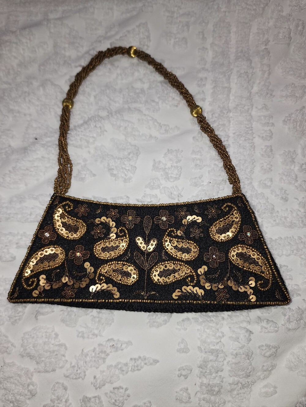 Bougainvillea Brown Bag With Bronze Stitching, Beaded Handle & Embellishments - Picture 3 of 10